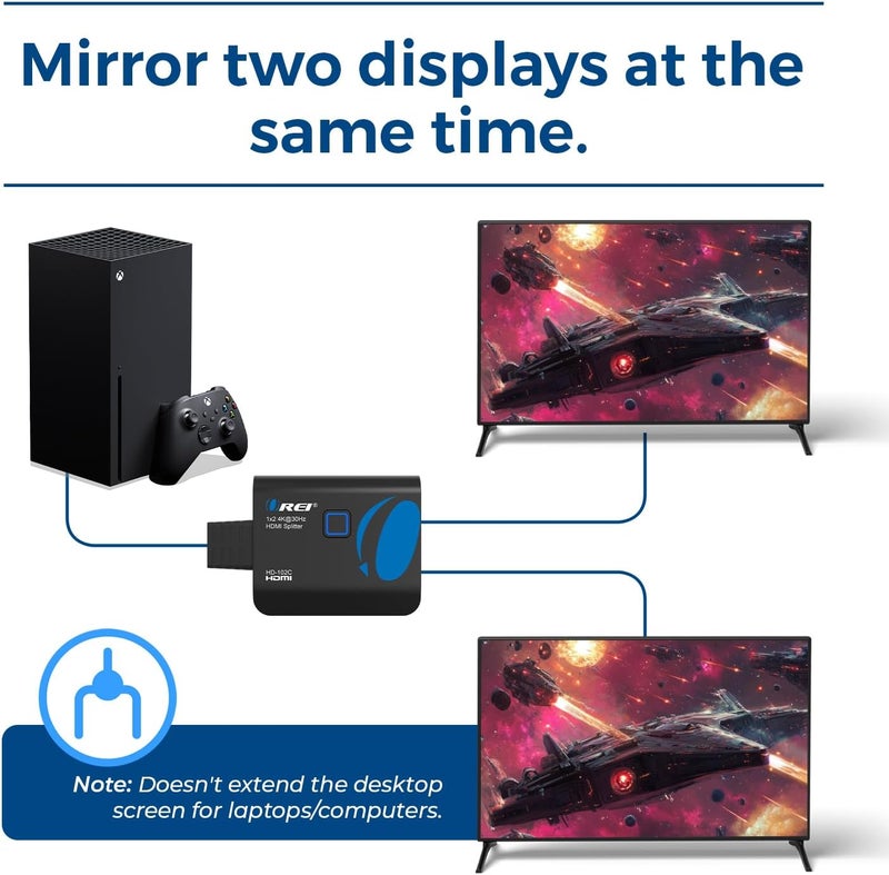 OREI 4K HDMI Splitter 1 in 2 Out - 1X2 HDMI Splitter for Dual Monitors Ultra HD 4K@30Hz with [ 2ft HDMI Cable ], 3D & 1080P Support for Xbox, PS4, Blu-ray, HDT, Will not Extend Display Screen - Image 3